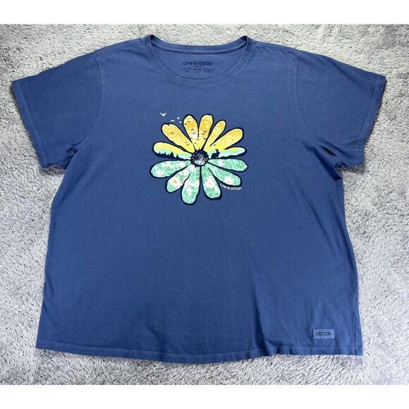 Life Is Good Shirt Womens XXXL‎ 3XL Blue Short Sleeve Yellow Teal Flower - Picture 1 of 7
